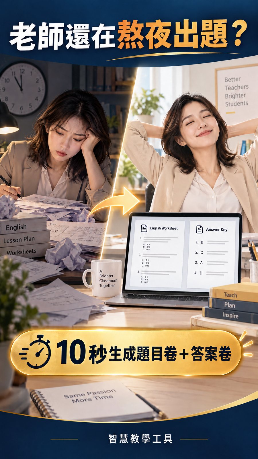 海報：左邊疲憊的老師被考卷包圍，右邊輕鬆的老師看著筆電上的題目卷與答案卷，標語為 10 秒生成題目卷加答案卷